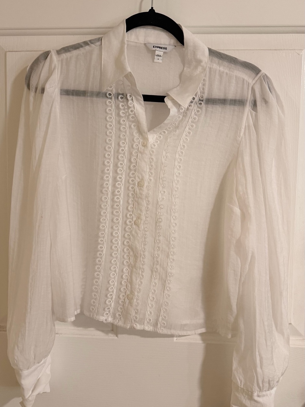 Express Sheer White Lace-Trim Button Blouse